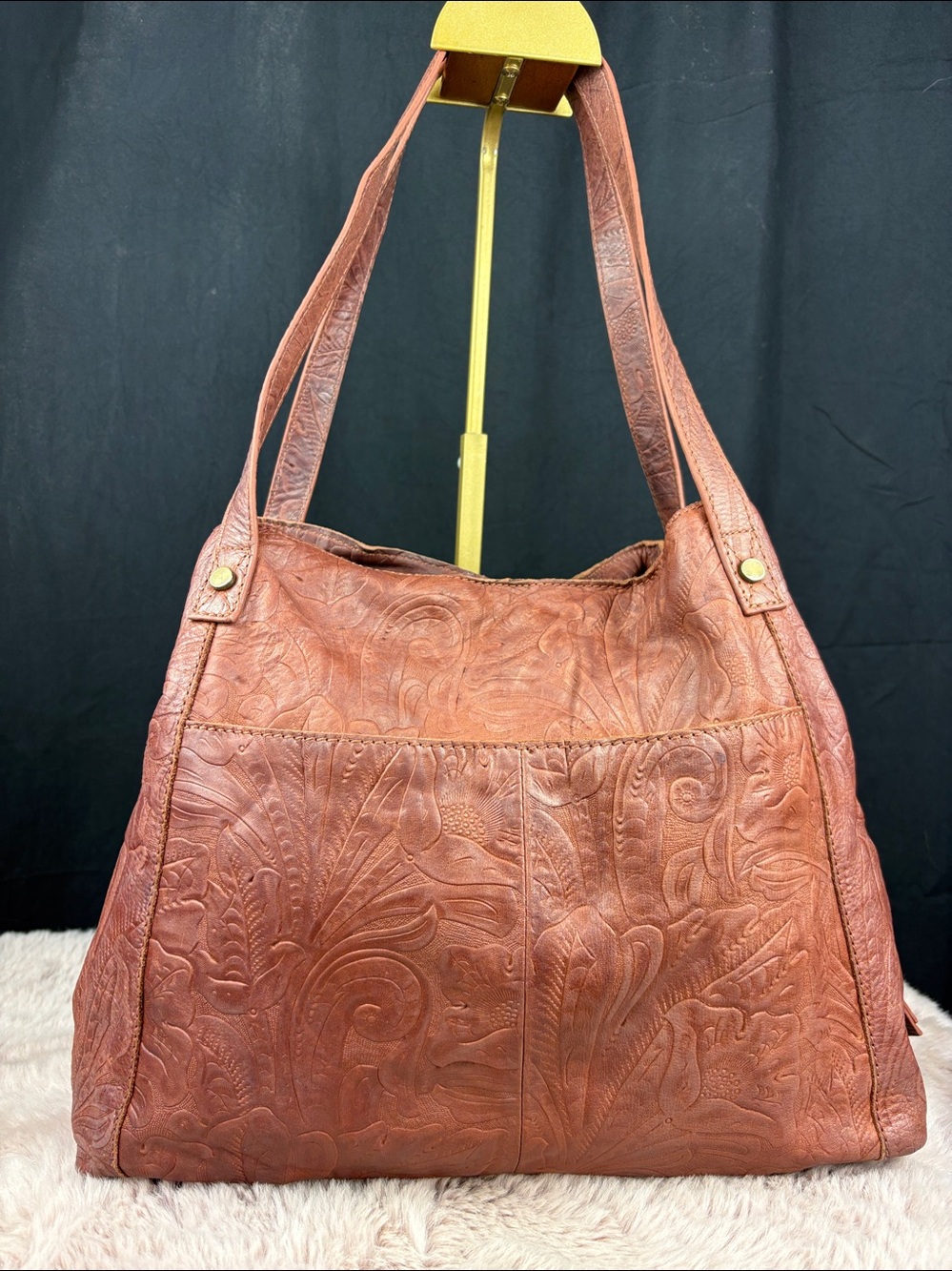 AMERICAN LEATHER CO. Liberty Shopper Brandy Tooled Leather Boho Hobo Bag Tote